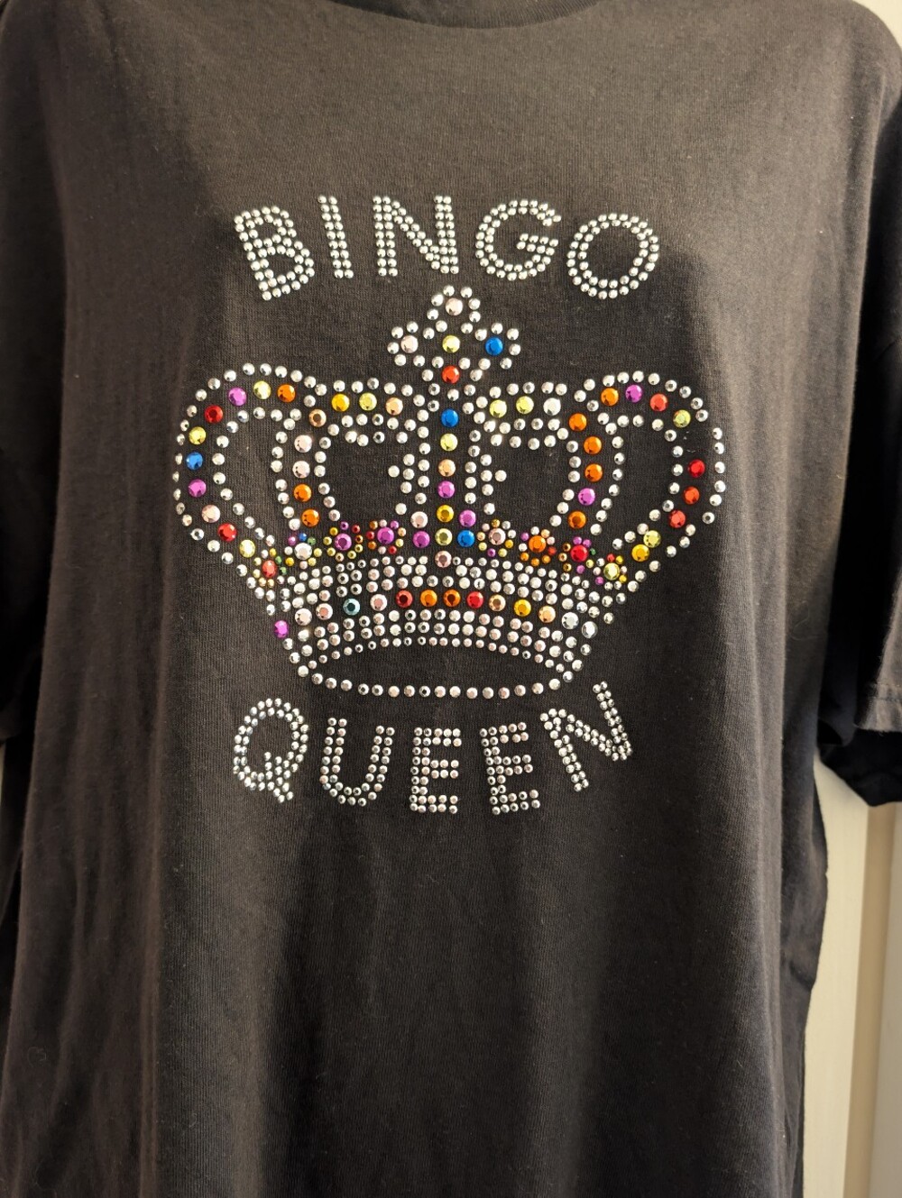 Bingo Queen Rhinestone Crown Tee - Black with Multicolor Gems. Xl